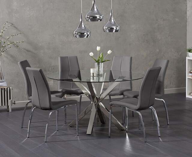 Rodin Round Glass Dining Table with 4 Grey Marco Chairs
