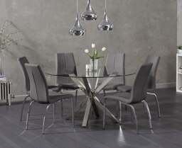 Rodin Round Glass Dining Table with 4 Grey Marco Chairs