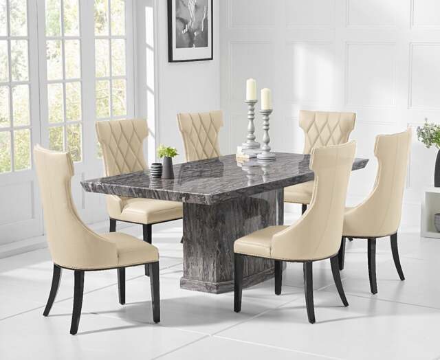 Carvelle 160cm Dark Grey Pedestal Marble Dining Table with 4 Cream Sophia Chairs