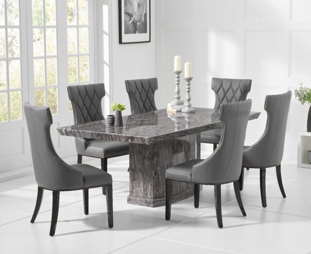 Carvelle 160cm Grey Pedestal Marble Dining Table with 4 Cream Sophia Chairs