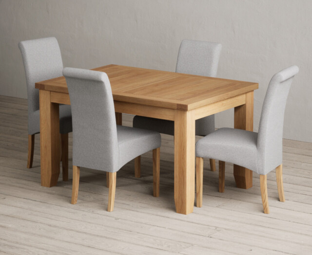 Extending Yateley 130cm Solid Oak Dining Table with 6 Grey Scroll Back Chairs