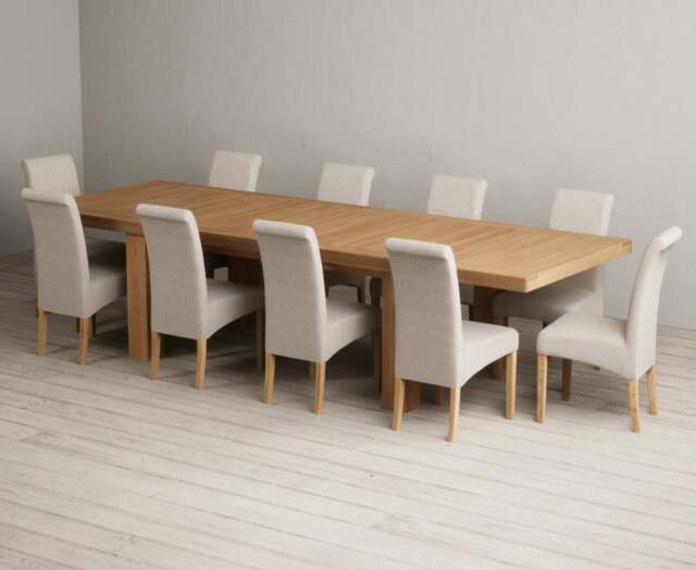 Extending Callington 230cm Oak Dining Table with 10 Natural Scroll Back Chairs