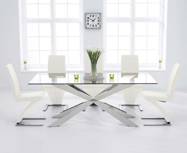 Canova 200cm Glass Dining Table with 6 White Aldo Chairs