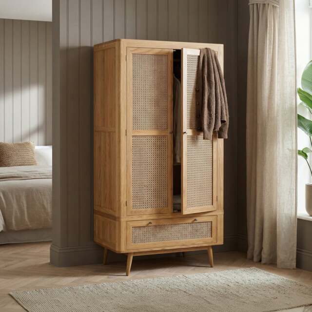 Oak Rattan Double Wardrobe