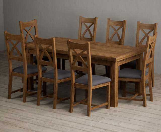 Extending Buxton 180cm Rustic Solid Oak Dining Table with 8 Charcoal Grey Rustic Solid Oak Chairs