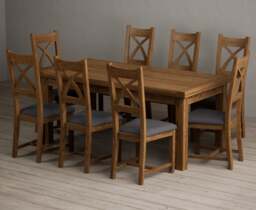 Extending Buxton 180cm Rustic Solid Oak Dining Table with 8 Charcoal Grey Rustic Solid Oak Chairs