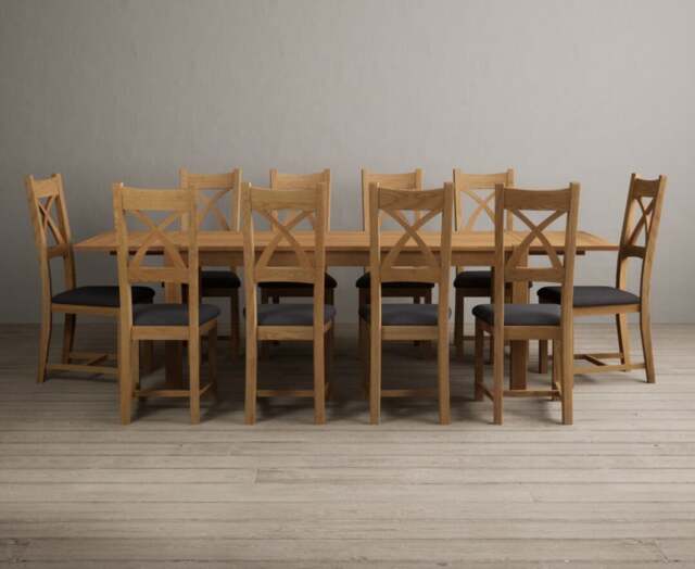 Extending Thetford 180cm Solid Oak Dining Table with 10 Charcoal Grey Natural Solid Oak Chairs
