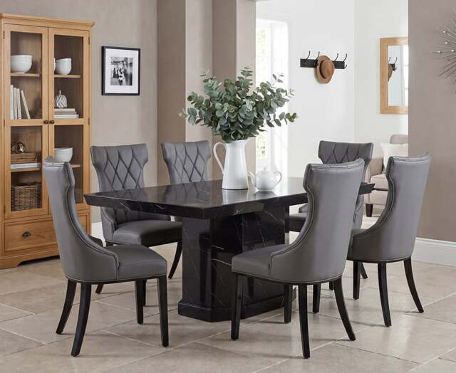 Carvelle 160cm Black Pedestal Marble Table with 6 Grey Sophia Chairs