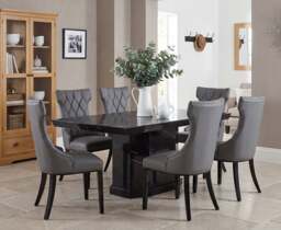 Carvelle 160cm Black Pedestal Marble Table with 6 Grey Sophia Chairs