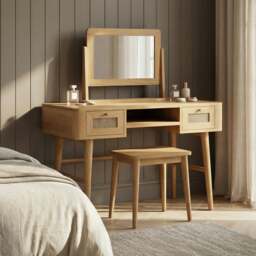 Oak Rattan Dressing Table Set