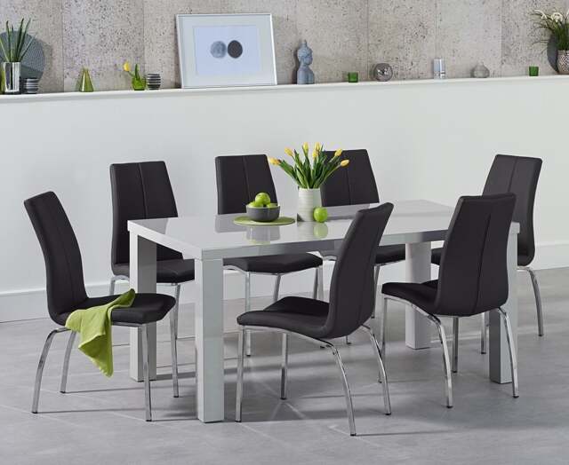 Seattle 160cm Light Grey Gloss Dining Table with 8 Black Marco Chairs