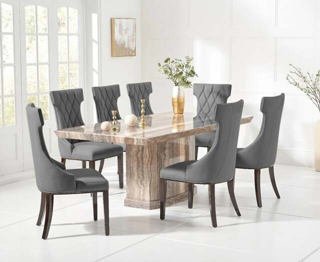 Carvelle 160cm Brown Pedestal Marble Dining Table with 8 Grey Sophia Chairs