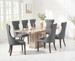 Carvelle 160cm Brown Pedestal Marble Dining Table with 8 Grey Sophia Chairs