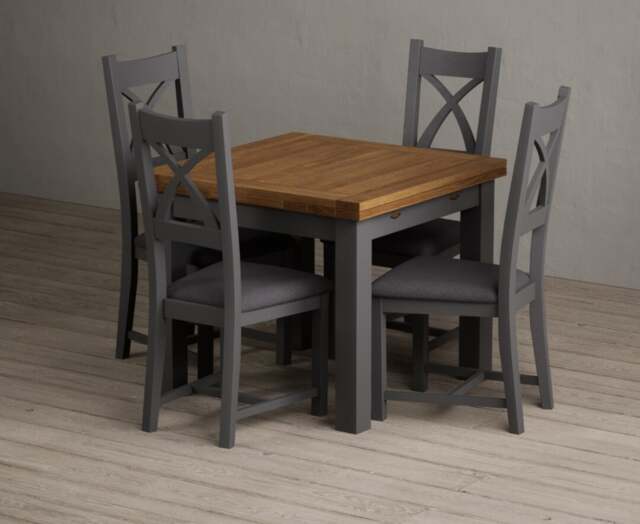 Extending Buxton 90cm Oak and Charcoal Grey Dining Table with 4 Charcoal Grey Painted Chairs