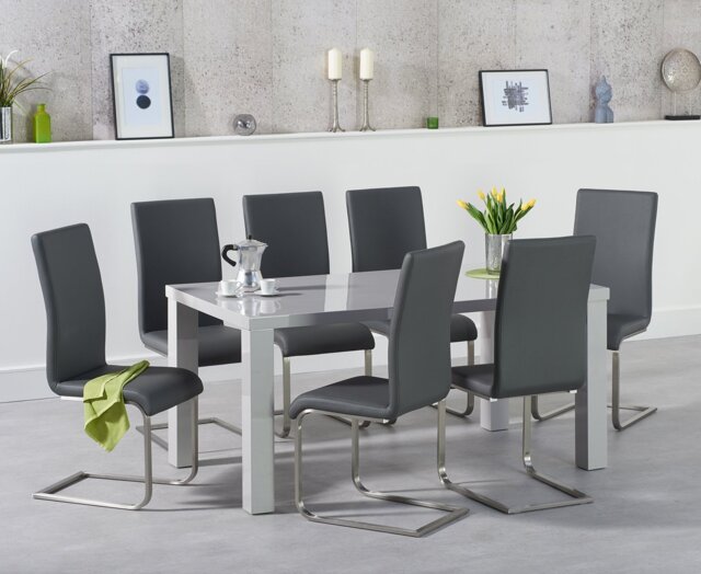 Seattle 160cm Light Grey High Gloss Dining Table with 8 Grey Austin Chairs