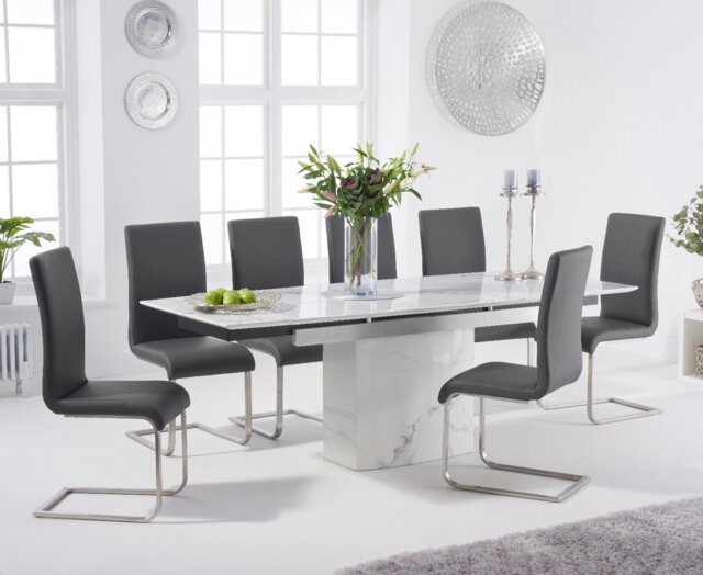 Extending Savona 160cm White Ceramic Dining Table with 4 Grey Austin Chairs