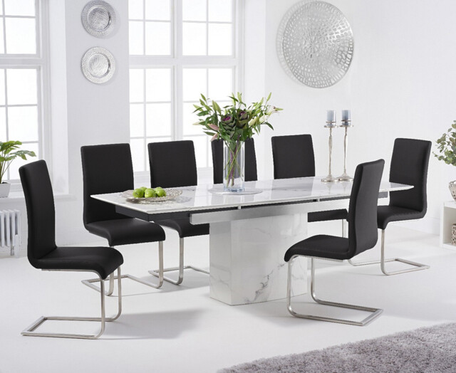 Extending Savona 160cm White Marble Dining Table with 4 Grey Austin Chairs