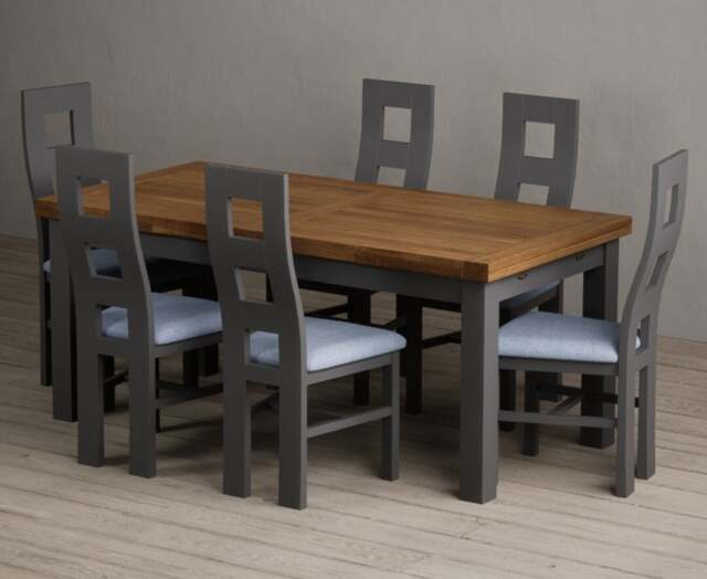 Extending Buxton 180cm Oak and Charcoal Grey Painted Dining Table with 8 Charcoal Grey Painted Chairs