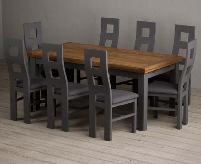 Extending Buxton 180cm Oak and Charcoal Grey Dining Table with 8 Charcoal Grey Painted Chairs