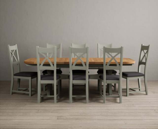 Extending Olympia 180cm Oak and Soft Green Dining Table with 8 Charcoal Grey Painted Chairs