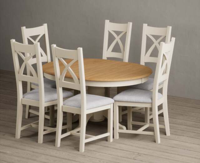 Extending Hertford 100cm - 130cm Oak and Cream Painted Pedestal Dining Table with 4 Light Grey Painted Chairs