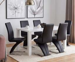 Seattle 160cm White High Gloss Dining Table with 6 Black Aldo Chairs