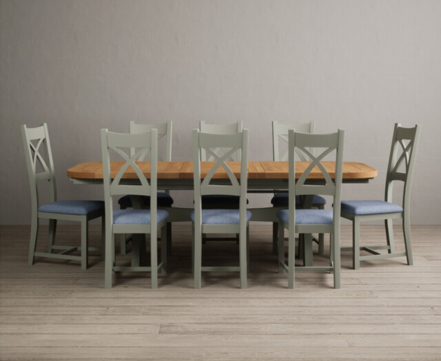 Extending Olympia 180cm Oak and Soft Green Dining Table with 8 Blue Painted Chairs