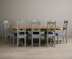 Extending Olympia 180cm Oak and Soft Green Dining Table with 8 Blue Painted Chairs