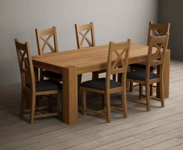 Sheringham 200cm Solid Oak Dining Table with 6 Charcoal Grey Natural Solid Oak Chairs