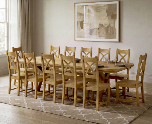 Extending Olympia 180cm Solid Oak Dining Table with 12 Oak Natural Chairs