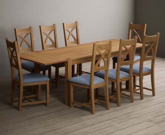 Extending Thetford 150cm Solid Oak Dining Table with 8 Blue Natural Solid Oak Chairs