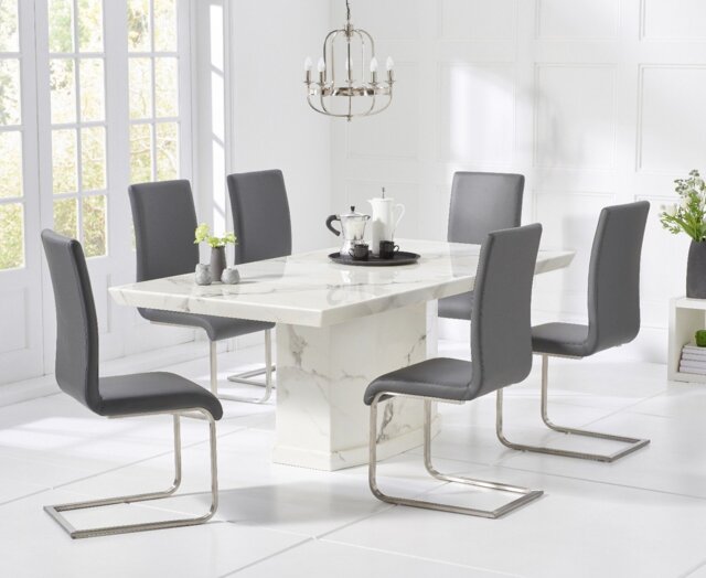 Carvelle 200cm White Pedestal Marble Dining Table with 12 Grey Austin Chairs