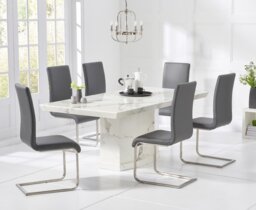 Carvelle 200cm White Pedestal Marble Dining Table with 12 Grey Austin Chairs