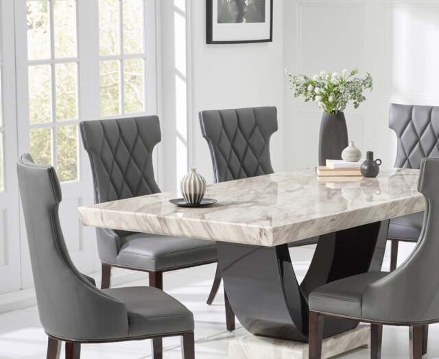 Novara 170cm Cream and Black Pedestal Marble Dining Table with 4 Grey Sophia Chairs