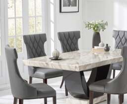 Novara 170cm Cream and Black Pedestal Marble Dining Table with 4 Grey Sophia Chairs