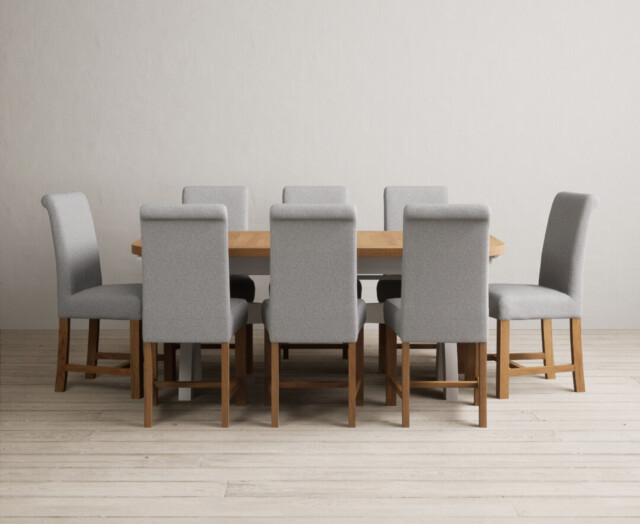 Extending Olympia 180cm Oak and Soft White Painted Dining Table with 8 Grey Braced Chairs