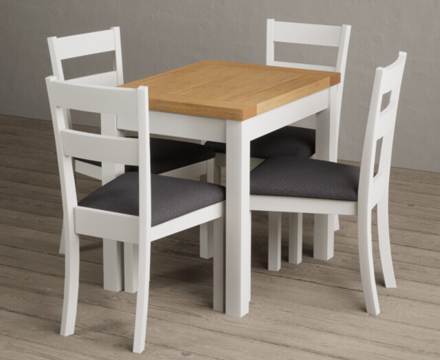 Extending Hadleigh Oak and Signal White Painted Dining Table with 2 Charcoal Grey Kendal Chairs