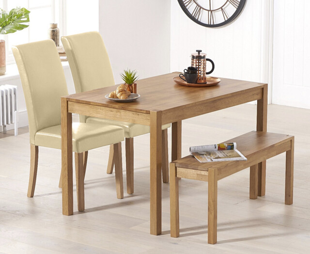 York 120cm Solid Oak Dining Table with 2 Cream Olivia Chairs and 1 Oak Bench