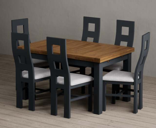 Extending Buxton 140cm Oak and Dark Blue Dining Table with 6 Light Grey Painted Chairs