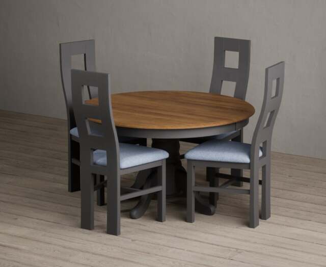 Hertford 120cm Fixed Top Oak and Charcoal Grey Painted Dining Table with 4 Brown Painted Chairs