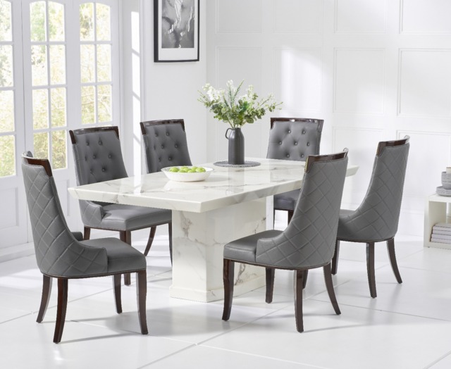 Carvelle 200cm White Pedestal Marble Dining Table with 6 Grey Francesca Chairs