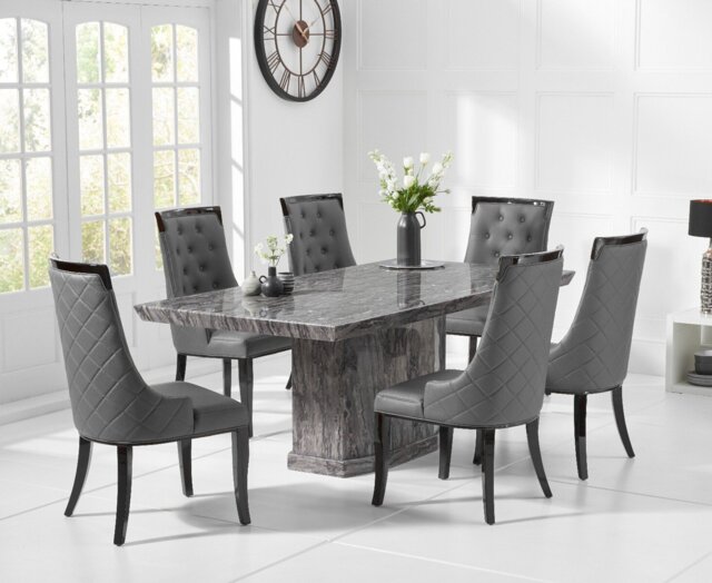 Carvelle 200cm Grey Pedestal Marble Dining Table with 6 Grey Francesca Chairs