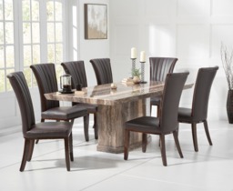 Carvelle 200cm Brown Pedestal Marble Dining Table with 6 Cream Lorient Chairs