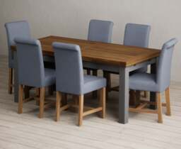 Extending Buxton 180cm Oak and Charcoal Grey Dining Table with 6 Blue Braced Chairs