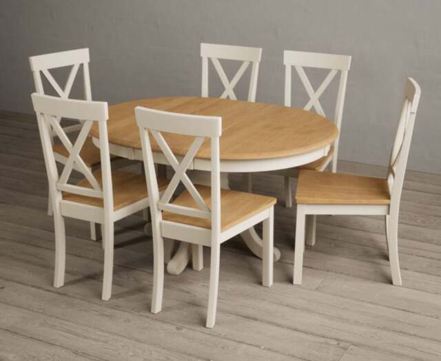 Extending Hertford 100cm - 130cm Oak and Cream Painted Pedestal Dining Table with 6 Oak Hertford Chairs