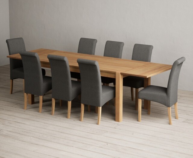 Thetford 180cm Oak Dining Table with Thetford 45cm Oak Extensions with 10 Grey Scroll Back Chairs