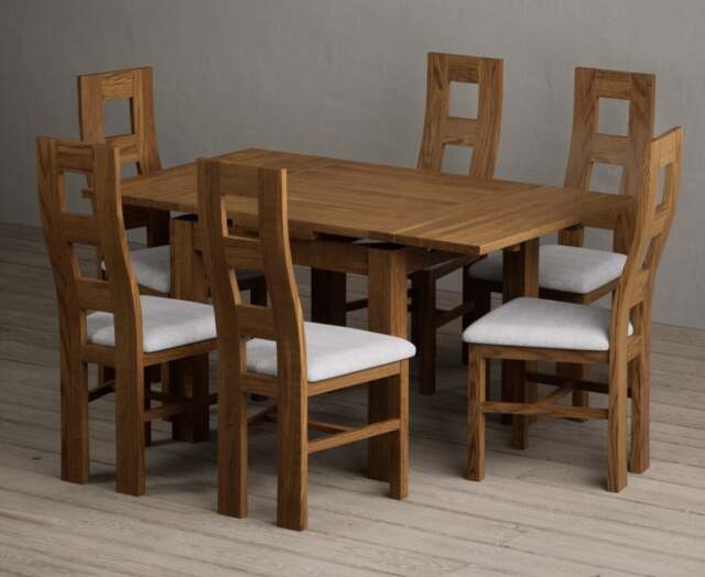 Extending Buxton 90cm Rustic Solid Oak Dining Table with 6 Light Grey Rustic Solid Oak Chairs