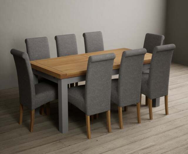 Extending Buxton 180cm Oak and Light Grey Dining Table with 6 Charcoal Grey Scroll Back Chairs