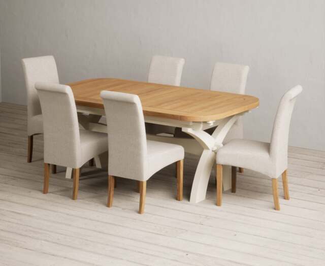 Extending Olympia 180cm Oak and Cream Painted Dining Table with 6 Natural Scroll Back Chairs