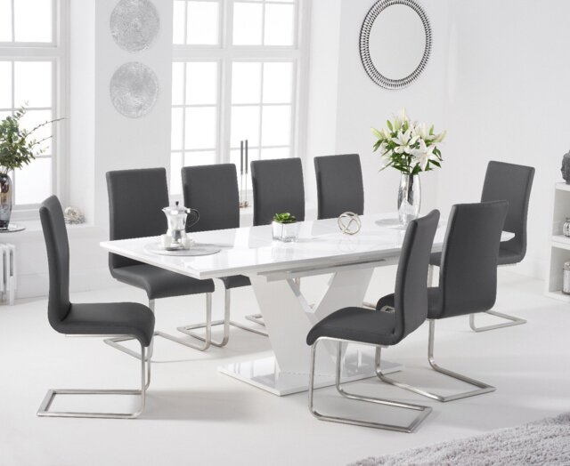 Extending Vittorio 160cm White High Gloss Dining Table with 4 Grey Austin Chairs